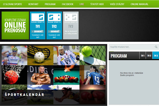 Screen webu SlovakSport.tv s portfoliem tří kanálů