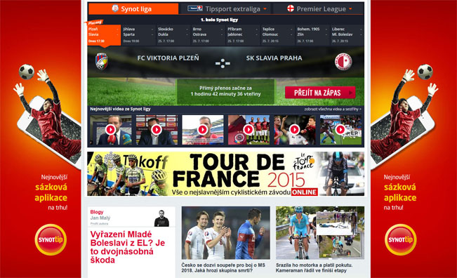 Screenshot hlavní stránky webu iSport.cz, jenž i letos láká na přímé přenosy Synot ligy
