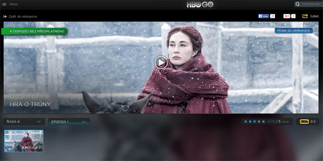 Prezentační obrazovka portálu HBO Go s titulem Game of Thrones, screenshot RadioTV