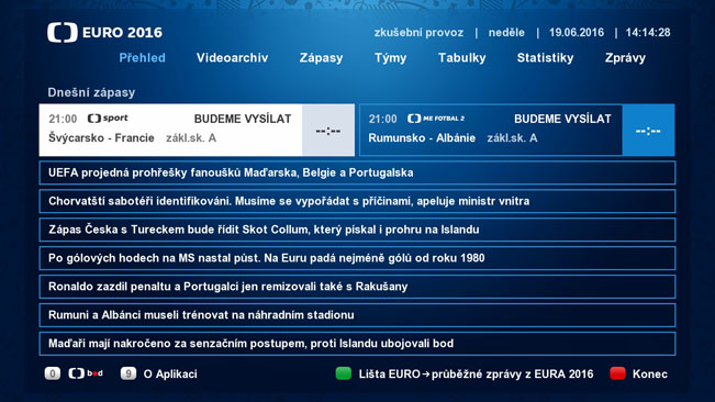 Úvodní obrazovka HbbTV aplikace České televize k EURO 2016