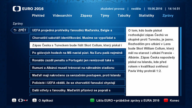 Zpravodajská část HbbTV aplikace České televize k EURO 2016