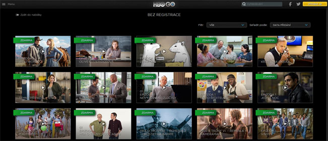 Obrazovka služby HBO Go "Bez registrace". Screenshot RadioTV
