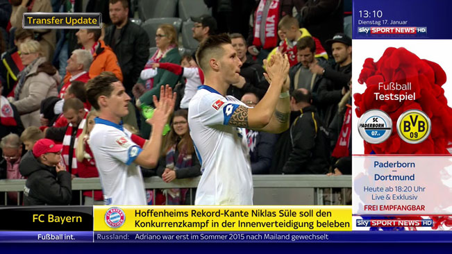Screenshot z vysílání SKY Sport News HD včetně poutače na večerní fotbalový přenos