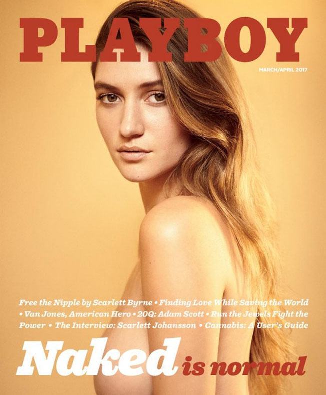 Playmate Elizabeth Elam na obálce nejnovějšího čísla amerického magazínu Playboy a hlavní poselství, které zní: "Nahota je normální". Foto: worldofplayboy.com