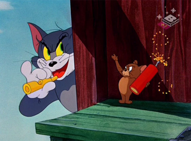 Kultovní grotesku Tom a Jerry lze vidět nejen na Cartoon Network, ale i na sesterské stanici Boomerang. Screenshot z vysílání britské verze Boomerang +1