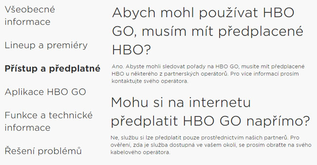 Ukázka dvou otázek v sekci FAQ na stránce HBO Help Center (helpcenter.hbogo.eu). Koláž - RadioTV.cz