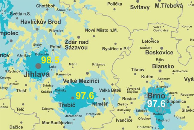 Mapka pokrytí frekvence 97,6 FM Třebíč a dalších frekvencí Rádia HEY v okolí