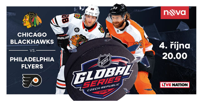 Poutač k zápasu NHL Global Series 2019 v Praze mezi Chicago Blackhawks a Philadelphia Flyers. Zdroj: TV Nova