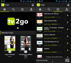 TV2Go: Úvodní obrazovka (vlevo) a přehled stanic