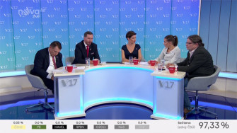 Markéta Fialová a její hosté ve volebním studiu TV Nova. Screenshot RadioTV.cz