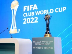 RABAT, MOROCCO - JANUARY 13:  The FIFA Club World Cup Trophy is seen on the stage prior to the during the FIFA Club World Cup Morocco 2022 Draw  at Auditorium Complexe Mohammed VI de Football on January 13, 2023 in Rabat, Morocco. (Photo by Angel Martinez - FIFA/FIFA via Getty Images)